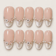 ACEGRIP Blush French Pearls press-on nails in peach nude, cream, and white, with French-tip color blocking, style BF4033