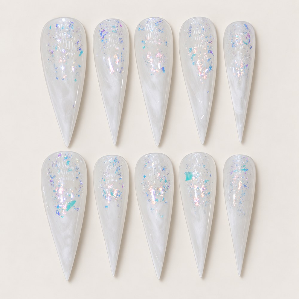 ACEGRIP Ivory Glow press-on nails in white and blue, with a shimmering finish, style BF4034