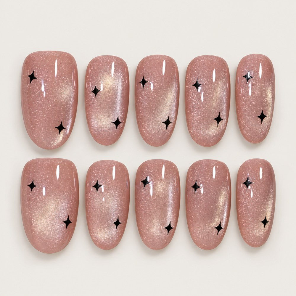 ACEGRIP Rose Gleam Starburst press-on nails in pink and black, with a shimmering finish, style BF4037