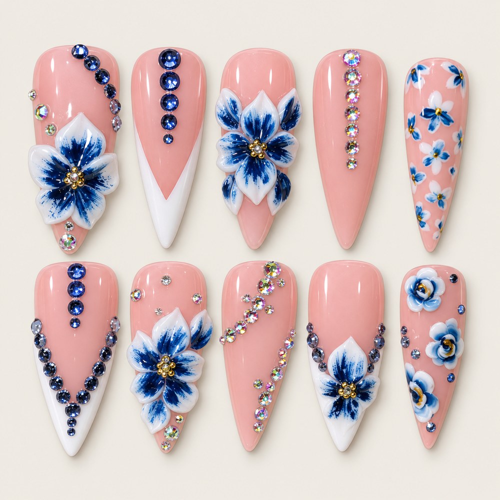 ACEGRIP Rose Petal French press-on nails in pink, blue, and white, with floral accents, style BF4038