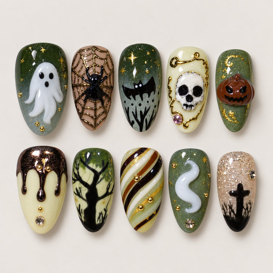 ACEGRIP Jade Haunt press-on nails in green, peach nude, cream, and gold tones, with Halloween-themed motifs, style BF4040