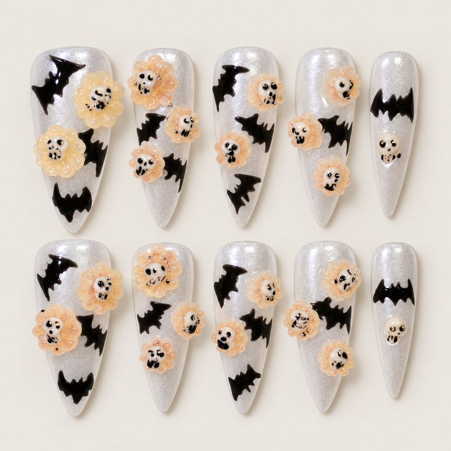ACEGRIP Ivory Bat Flight press-on nails in white, black, and cream, with bat silhouettes, style BF4041