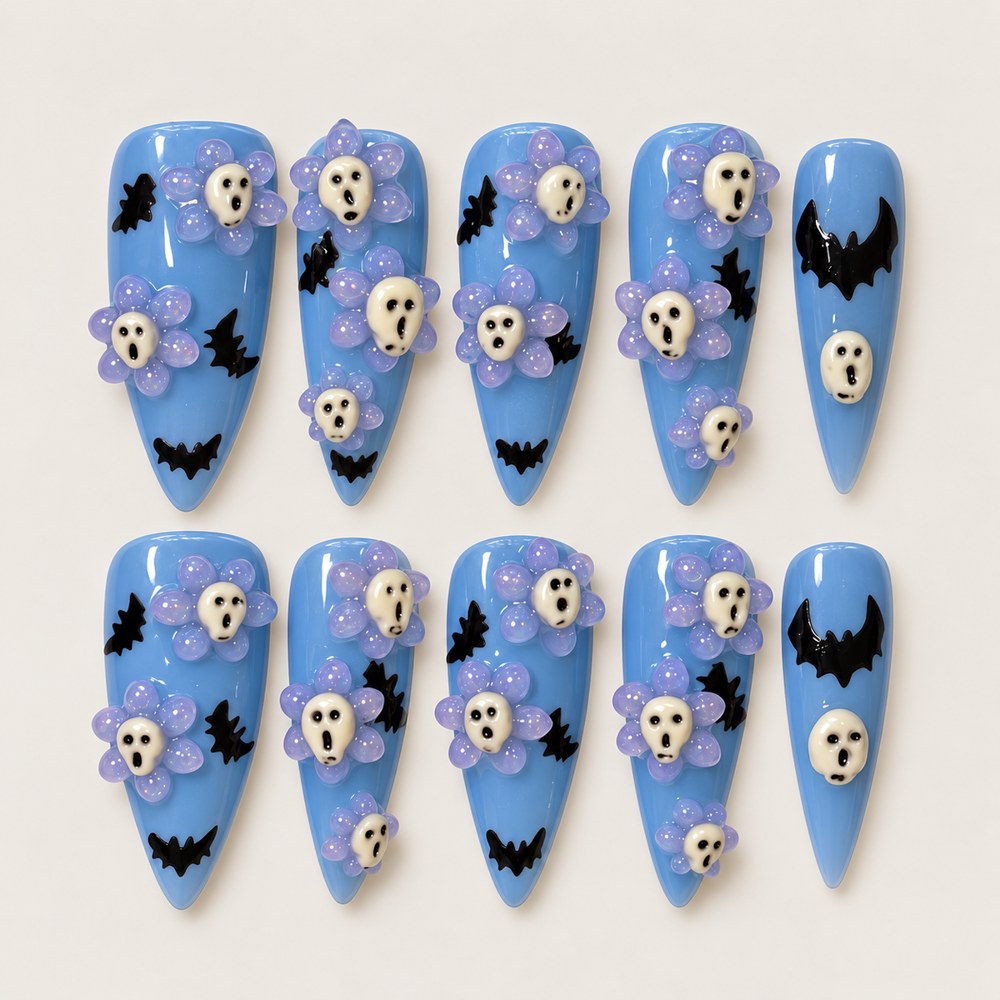 ACEGRIP Azure Bat Flight press-on nails in blue, purple, black, and cream, with bat silhouettes, style BF4042