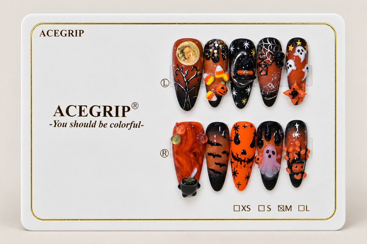 ACEGRIP Clementine Haunt Pumpkin, style BF4043, complete 10-nail set on its presentation card