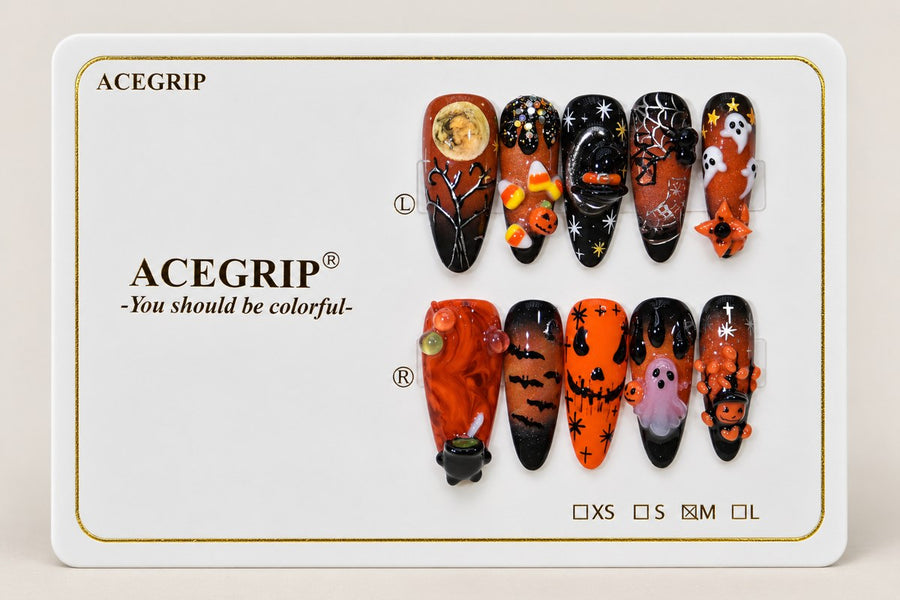 ACEGRIP Clementine Haunt Pumpkin, style BF4043, complete 10-nail set on its presentation card