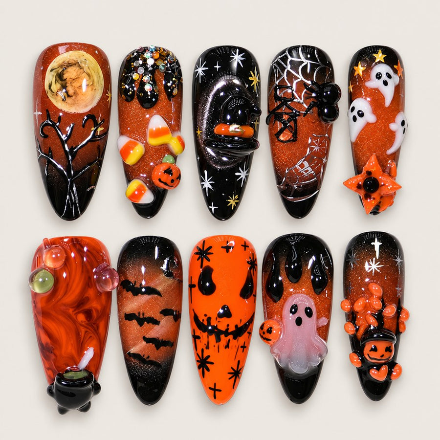 ACEGRIP Clementine Haunt Pumpkin press-on nails in orange, black, and white, with Halloween-themed motifs, style BF4043