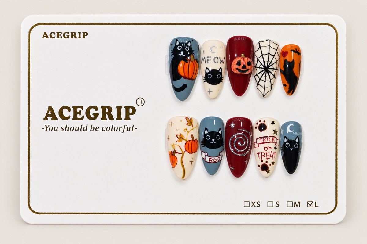 ACEGRIP Azure Cat Café, style BF4044, complete 10-nail set on its presentation card
