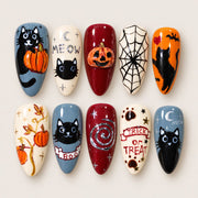 ACEGRIP Azure Cat Café press-on nails in blue, white, red, and orange, with cat motifs, style BF4044