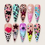 ACEGRIP Rose Spotted Starlight press-on nails in pink, mint green, white, and multiple bright colors, with leopard-like spots, style BF4045