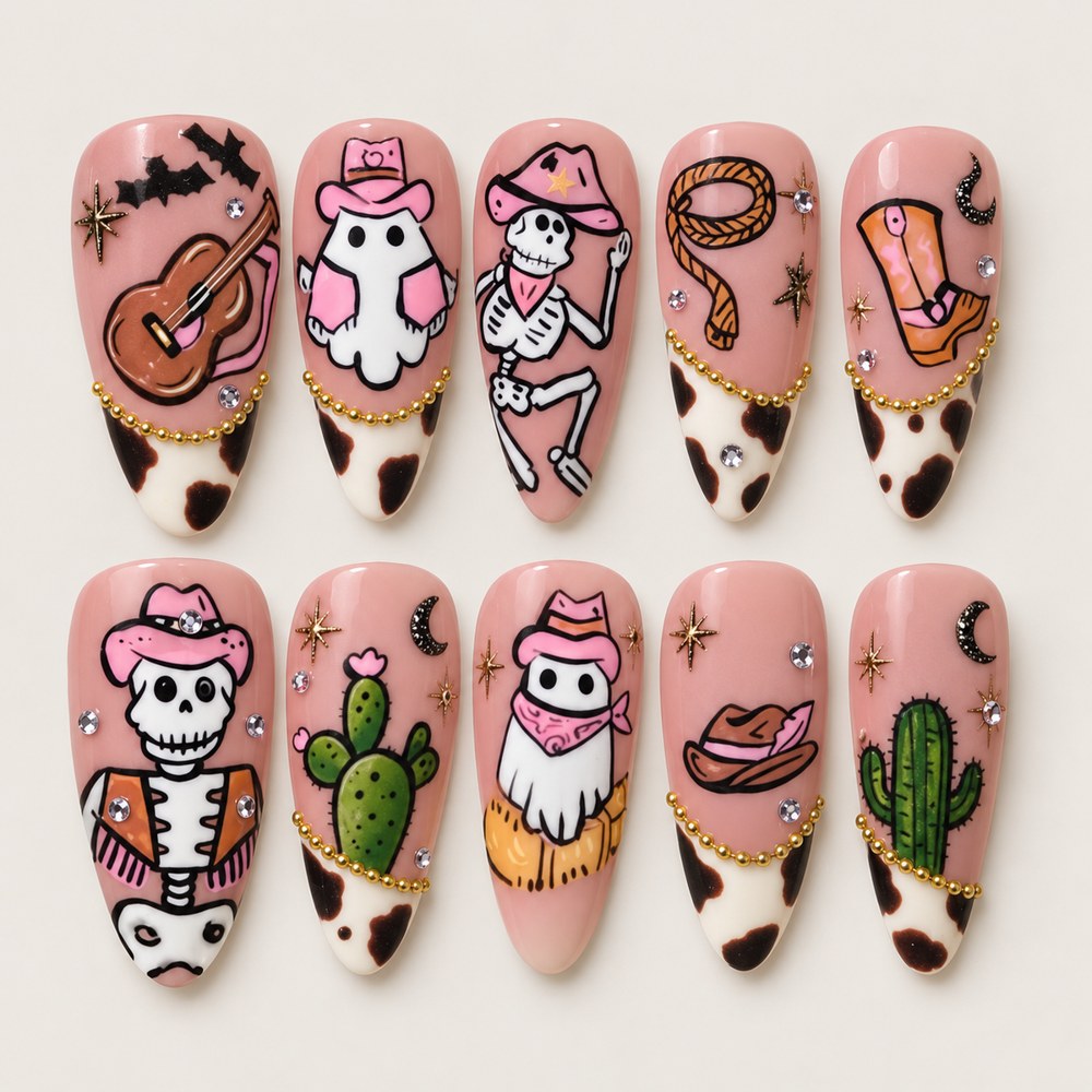 ACEGRIP Rose Skeleton press-on nails in pink, white, brown, and green, with skeleton motifs, style BF4046