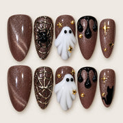 ACEGRIP Cocoa Ghosts press-on nails in brown, white, gold tones, and black, with ghost motifs, style BF4047