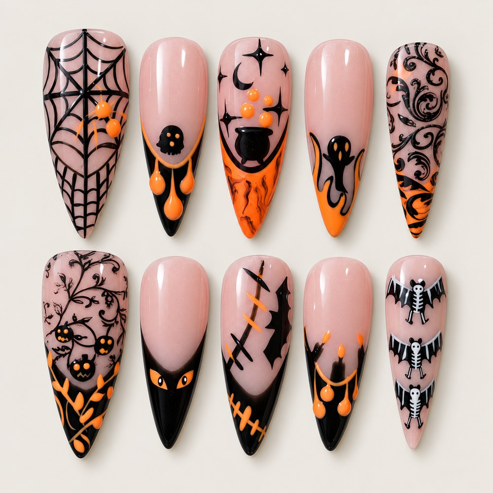 Blush Webs - Peach Nude Spiderweb & Floral Press-On Nails