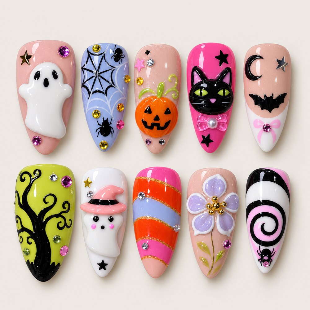 ACEGRIP Rose Haunt press-on nails in pink, blue, lime green, and white, with Halloween-themed motifs, style BF4049