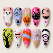 ACEGRIP Rose Haunt press-on nails in pink, blue, lime green, and white, with Halloween-themed motifs, style BF4049
