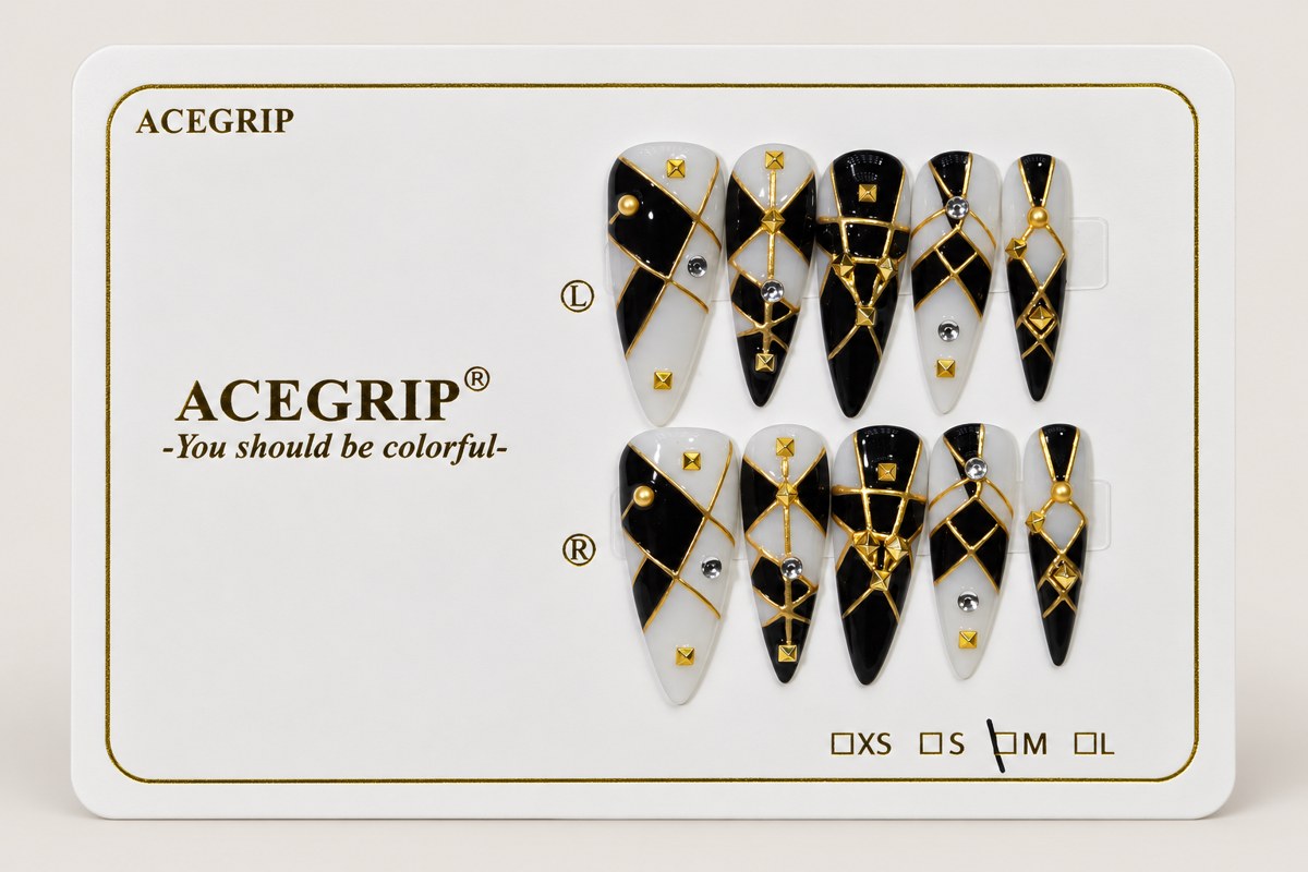 ACEGRIP Onyx Diamond, style BF4052, complete 10-nail set on its presentation card