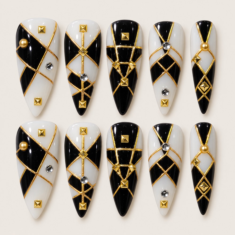 ACEGRIP Onyx Diamond press-on nails in black, white, and gold tones, with diamond patterns, style BF4052