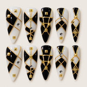 ACEGRIP Onyx Diamond press-on nails in black, white, and gold tones, with diamond patterns, style BF4052