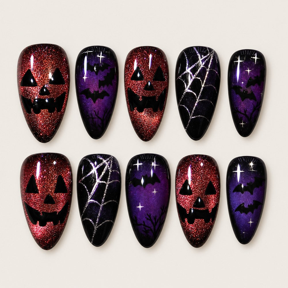 Scarlet Pumpkin - Red Pumpkin & Bat Press-On Nails