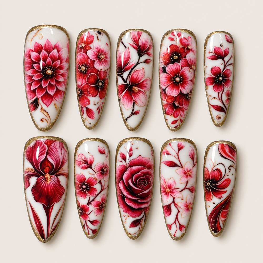 ACEGRIP Ivory Bloom press-on nails in white, red, and gold tones, with floral accents, style BF4054