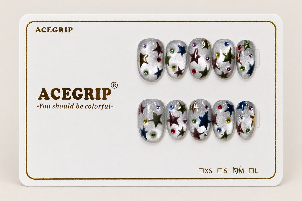 ACEGRIP Ivory Starlight, style BF4055, complete 10-nail set on its presentation card