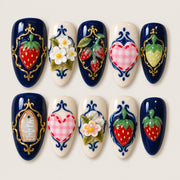 ACEGRIP Midnight Berry press-on nails in navy blue, white, red, and green, with berry motifs, style BF4056