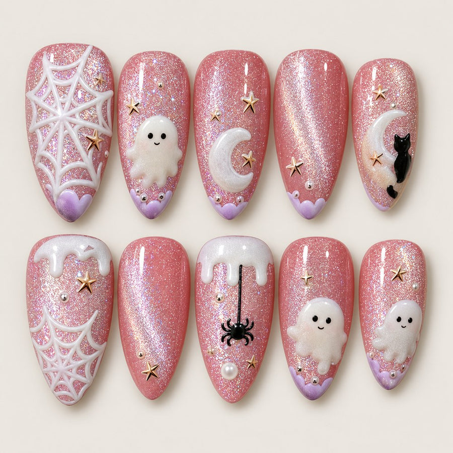ACEGRIP Rose Ghosts press-on nails in pink, white, and gold tones, with ghost motifs, style BF4057