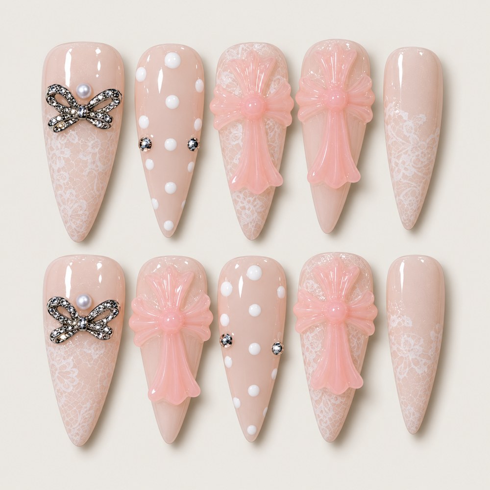 Blush Bow Dots - Peach Nude Bow & Polka Dot Press-On Nails