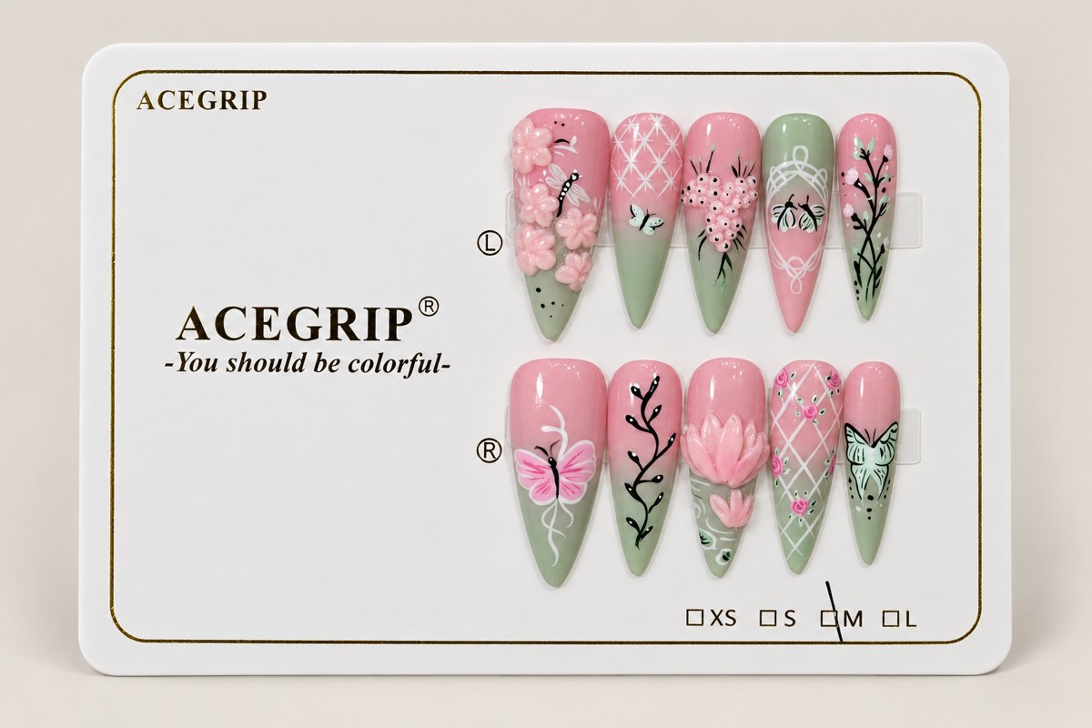 ACEGRIP Rose Petal Checks, style BF4059, complete 10-nail set on its presentation card