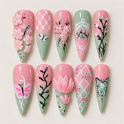 ACEGRIP Rose Petal Checks press-on nails in pink, mint green, black, and white, with floral accents, style BF4059