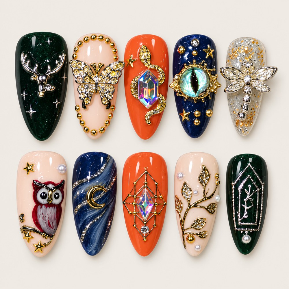 ACEGRIP Jade Jewels press-on nails in green, peach nude, orange, and navy blue, with gem-like accents, style CL1201