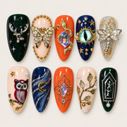 ACEGRIP Jade Jewels press-on nails in green, peach nude, orange, and navy blue, with gem-like accents, style CL1201