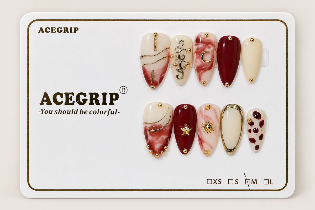 ACEGRIP Cream Marble, style CL1202, complete 10-nail set on its presentation card