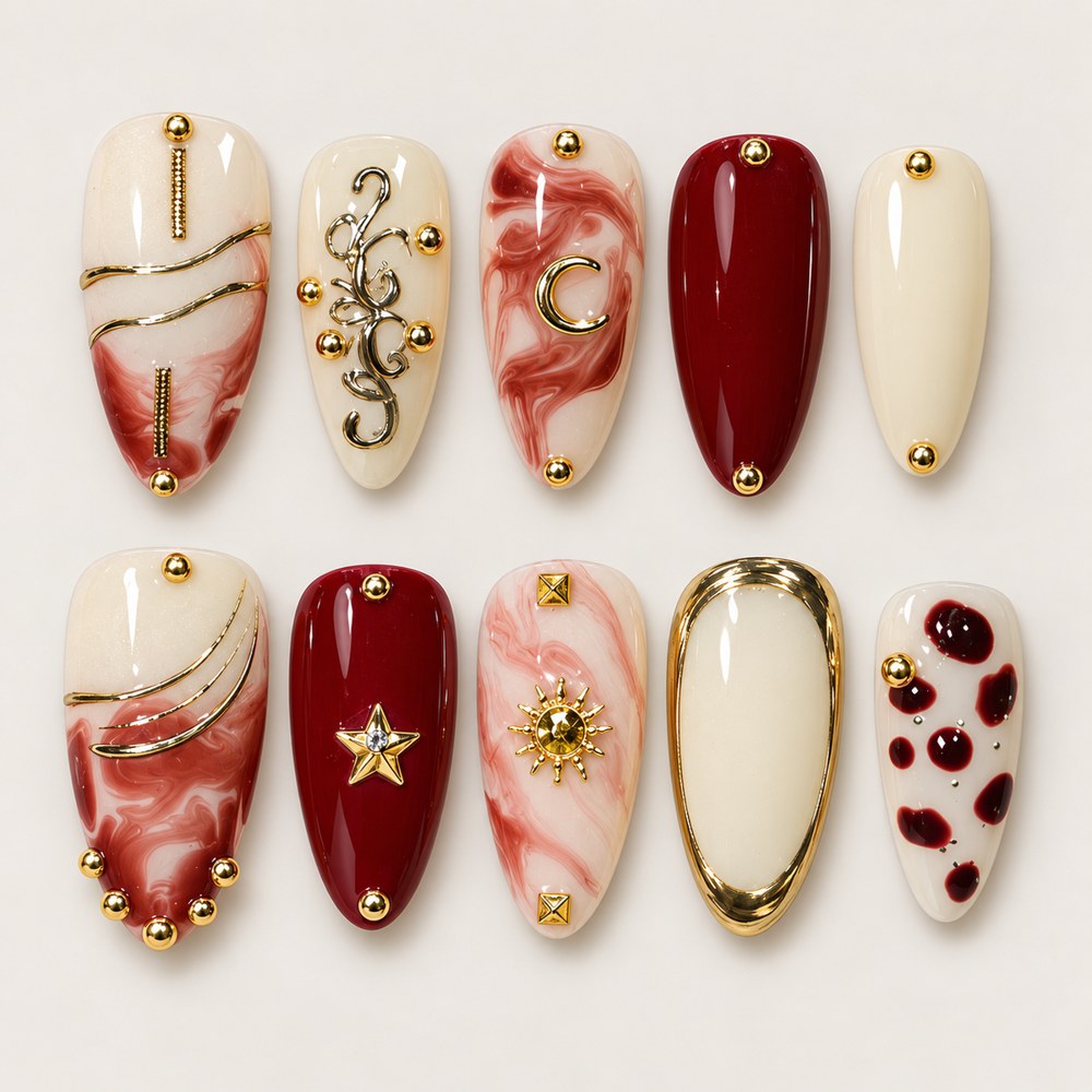 ACEGRIP Cream Marble press-on nails in cream, red, and gold tones, with marbled-looking swirls, style CL1202