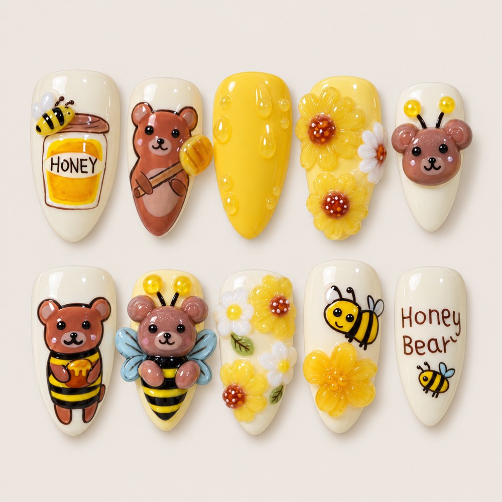 ACEGRIP Lemon Bee Garden press-on nails in yellow, brown, and cream, with bee motifs, style CL1203