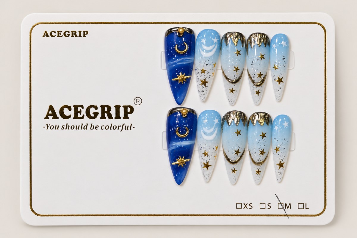 ACEGRIP Azure Starlight, style CL12035, complete 10-nail set on its presentation card