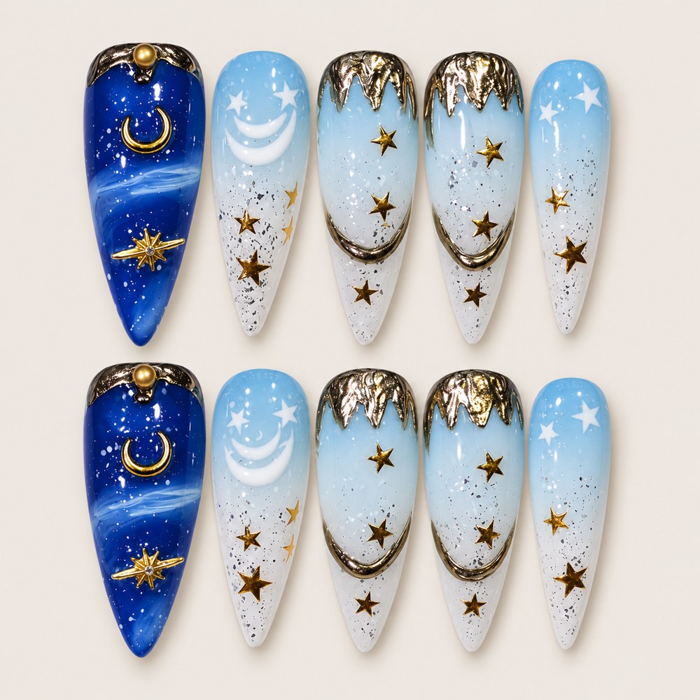 ACEGRIP Azure Starlight press-on nails in blue, white, and gold tones, with star motifs, style CL12035
