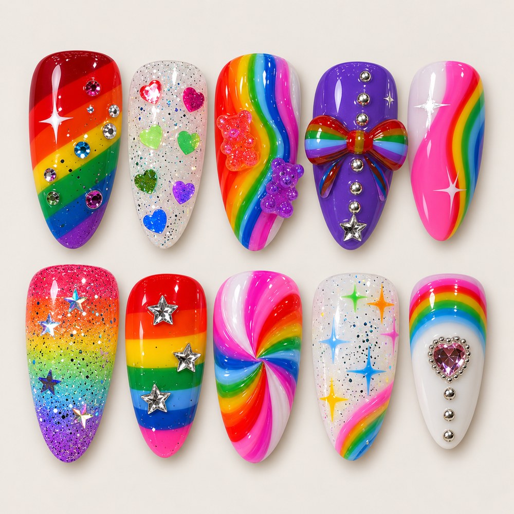Prism Rainbow - Multiple Bright Colors Rainbow Colors & Spiral Press-On Nails