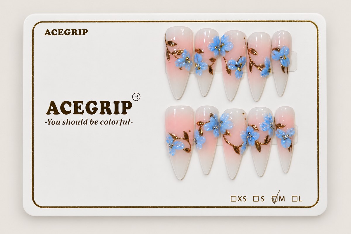 ACEGRIP Blush Petal Branches, style CL12038, complete 10-nail set on its presentation card
