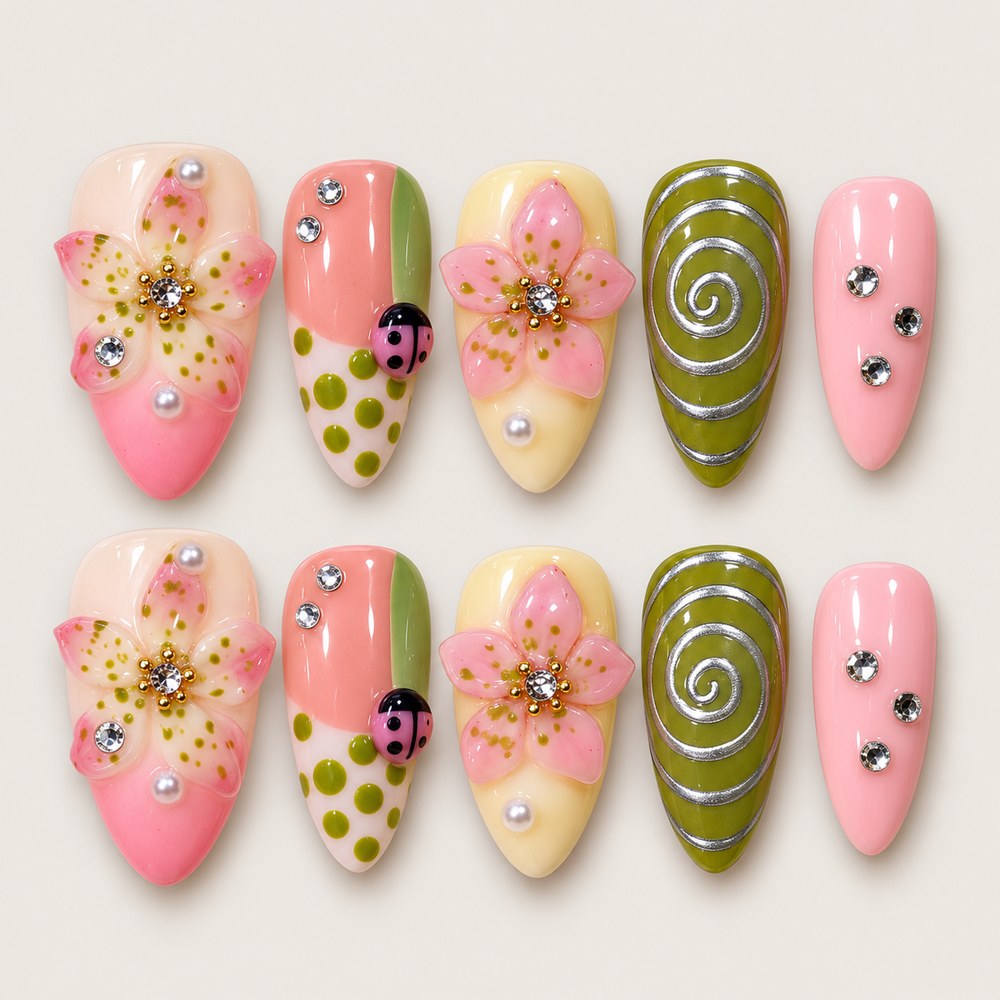 Rose Petal Spirals - Pink Floral & Spiral Press-On Nails