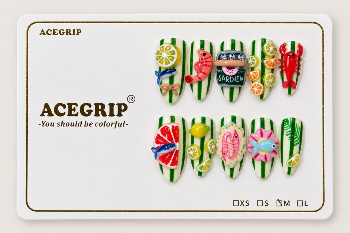 ACEGRIP Jade Seafood, style CL1206, complete 10-nail set on its presentation card