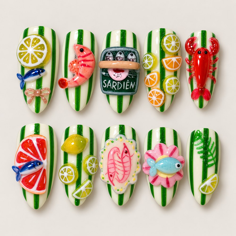 ACEGRIP Jade Seafood press-on nails in green, white, red, and yellow, with seafood-shaped accents, style CL1206
