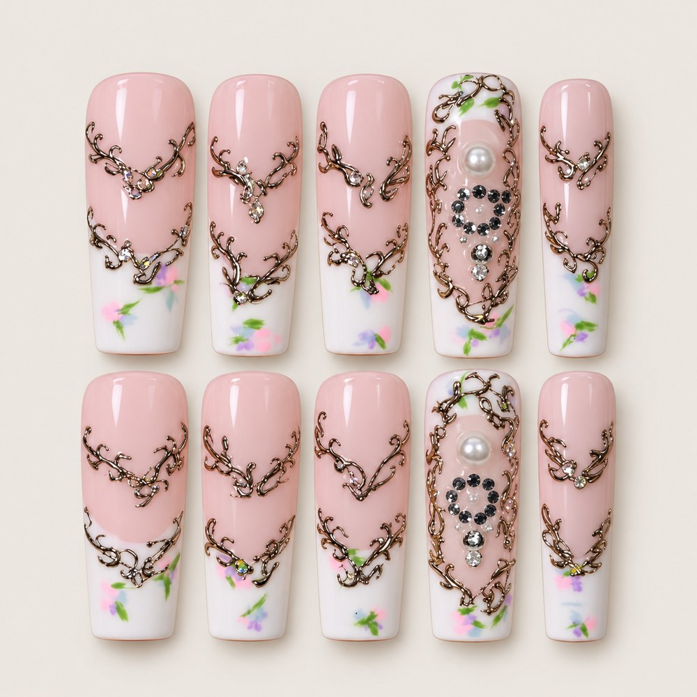 Rose Chain - Pink Chain & Floral Press-On Nails