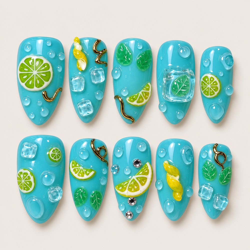 Lagoon Citrus - Turquoise Citrus-Slice & Bubble Press-On Nails