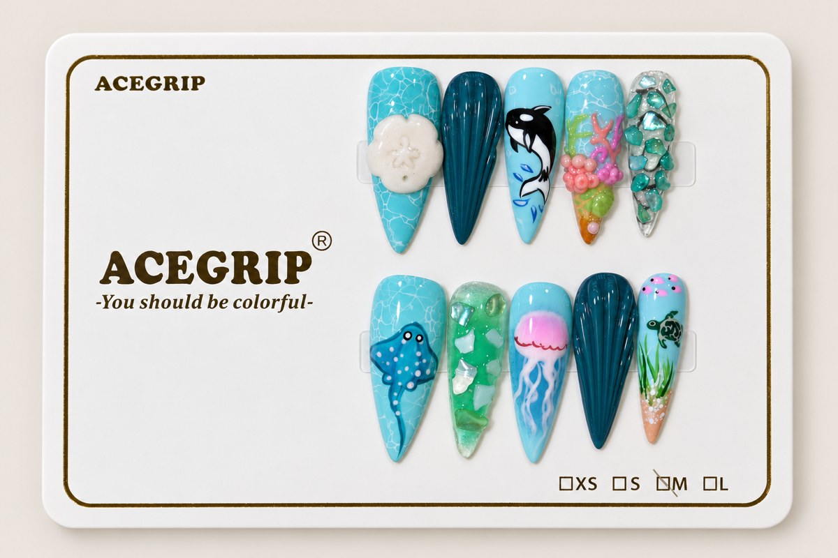 ACEGRIP Lagoon Tide, style CL1209, complete 10-nail set on its presentation card