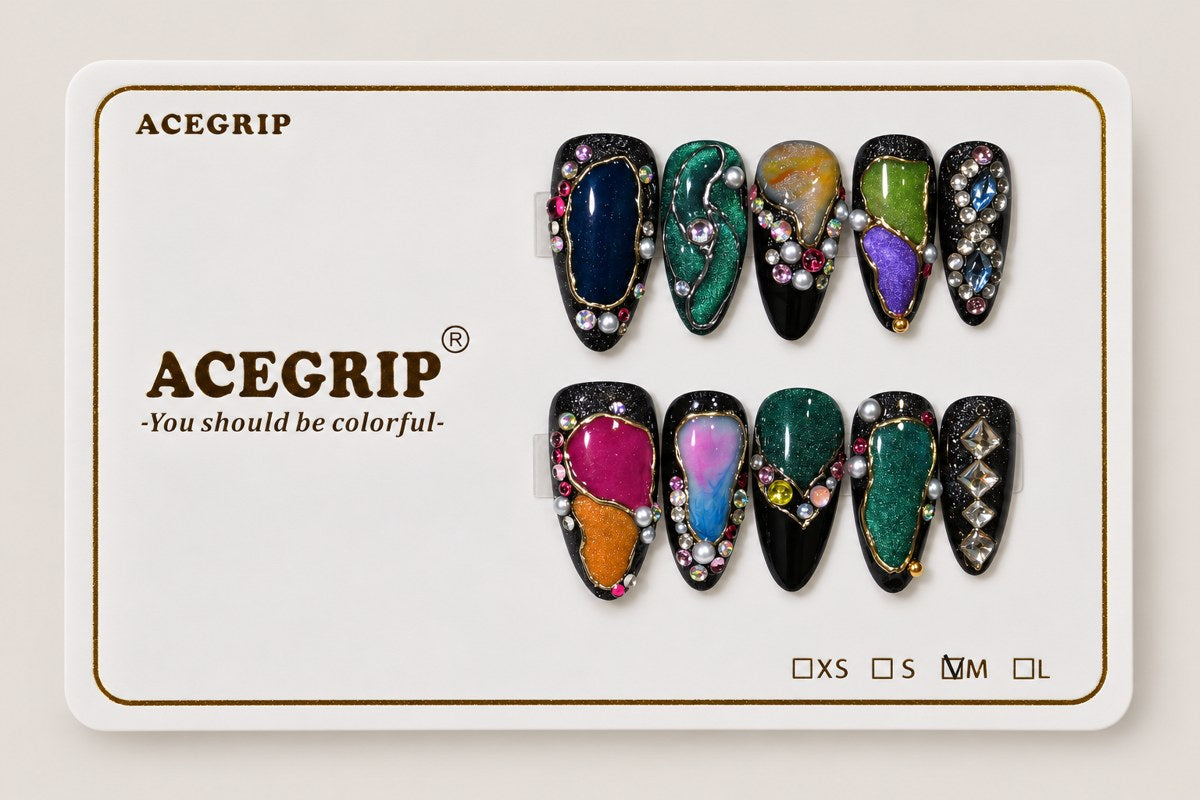 ACEGRIP Midnight Jewels, style CL1211, complete 10-nail set on its presentation card