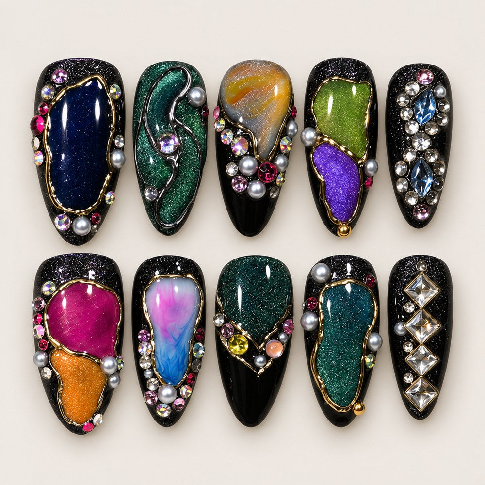 Midnight Jewels - Navy Blue Ornamental Press-On Nails