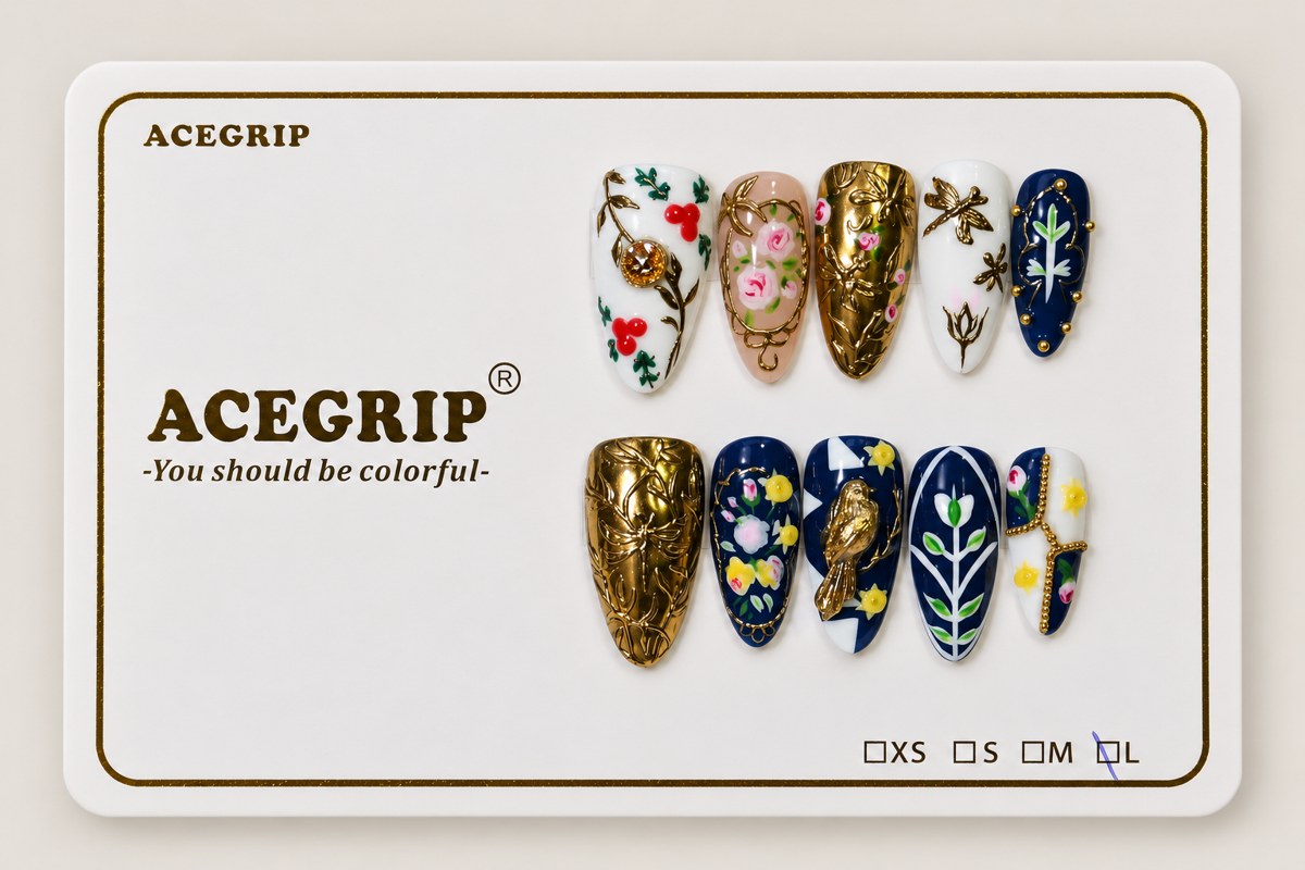 ACEGRIP Ivory Blossoms, style CL1212, complete 10-nail set on its presentation card