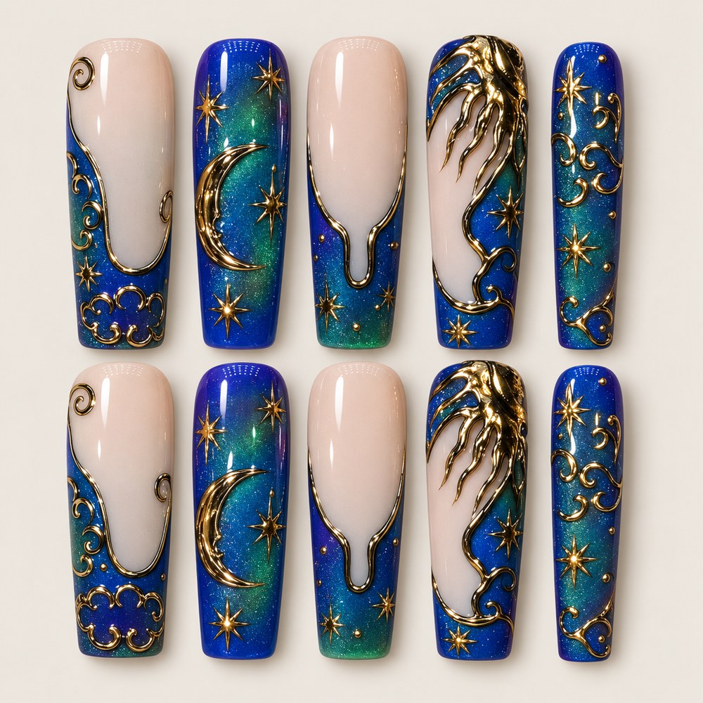 ACEGRIP Azure Moonlight press-on nails in blue, green, peach nude, and gold tones, with crescent-moon motifs, style CL1213