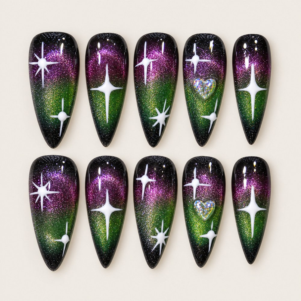 Onyx Gleam - Black Star & Heart Press-On Nails