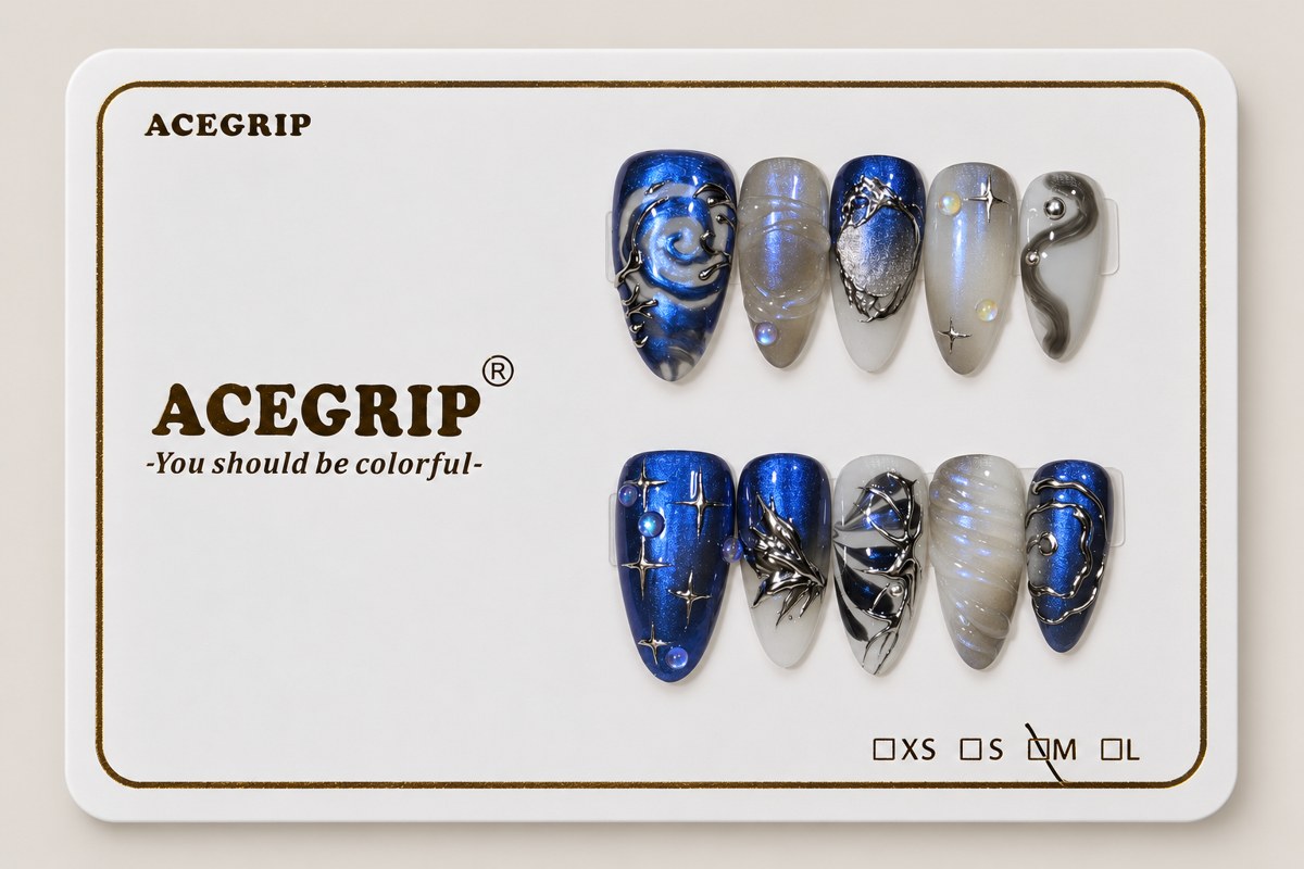 ACEGRIP Azure Loops, style CL1215, complete 10-nail set on its presentation card